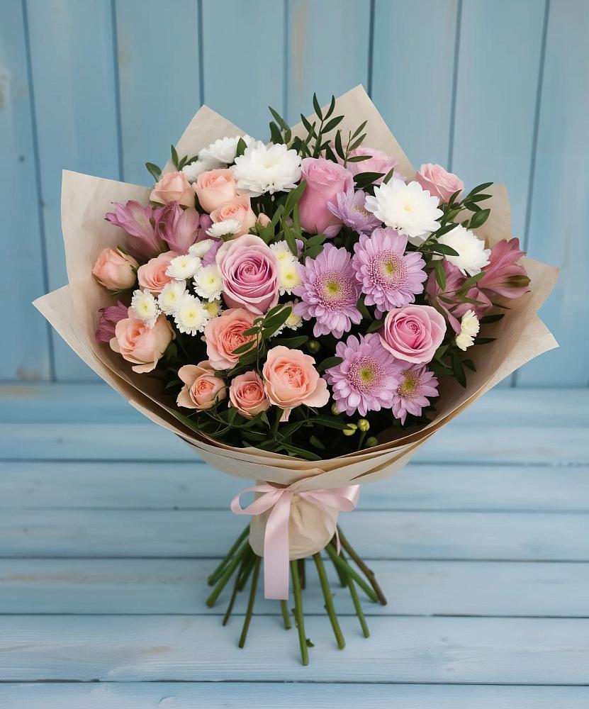Букет цветов из: Хризантемы, Розы и Альстромерии в Караидель