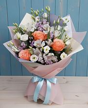 Букет цветов из:  Лизиантусы, Розы, Альстромерии и Гипсофила #REPLACE_PRED# Караидель